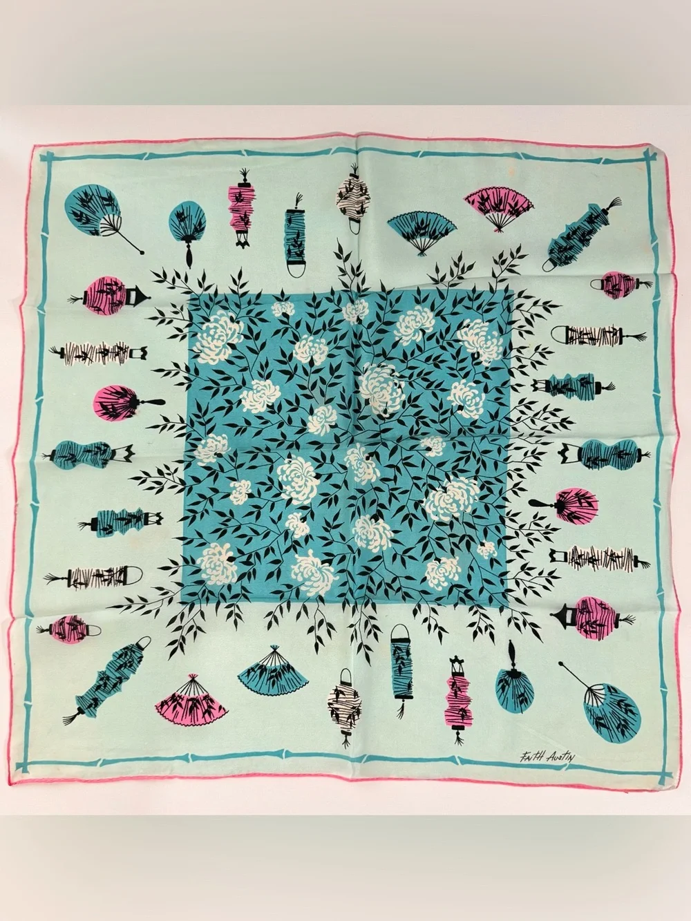 Faith Austin vintage atomic mid century Fan Print Scarf. Asian 20x20